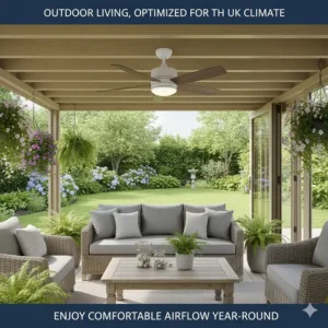 Weather-resistant ceiling fan installed in a covered UK garden room or veranda for outdoor ventilation.