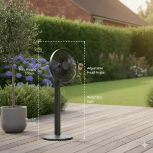 An illustration showing the minimum and maximum height measurements of an adjustable outdoor pedestal fan.