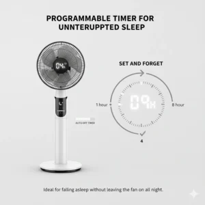 A graphic showing a 1 to 8-hour auto-off timer setting, ideal for falling asleep without leaving the fan on all night.