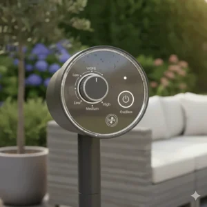 Close-up of the manual control dial on an outdoor fan showing three speed settings and a power switch.