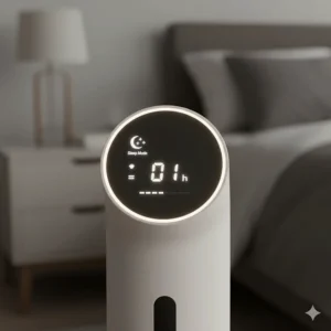 Close-up of a digital display on a pedestal fan showing night mode and dimmed lights for bedroom use.