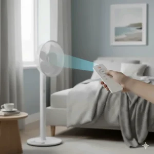 A handheld remote control being used to adjust a pedestal fan from a bed, highlighting convenience.