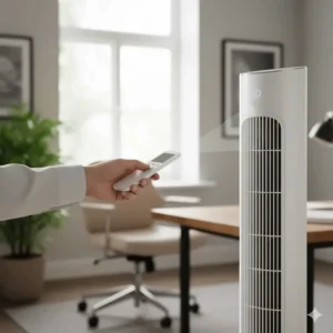 A handheld remote control being used to adjust the speed of a tall pedestal fan in a contemporary home office.