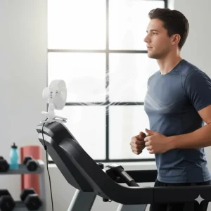A small portable clip-on fan attached to the console of a treadmill in a home gym.