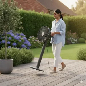A person using the integrated carry handle to move a portable outdoor pedestal fan across a wooden deck.