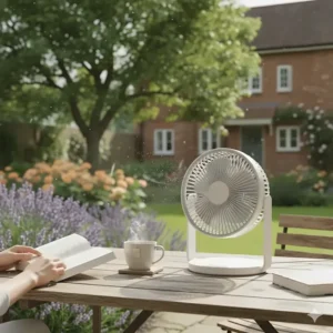 Cordless battery powered desk fan being used on a garden patio table during a UK summer.