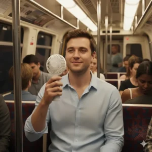 A person using a portable rechargeable fan to keep cool while commuting on a busy London Underground train.