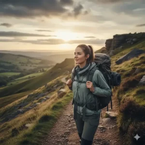 A female hiker wearing a grey rechargeable neck fan while walking along a scenic trail in the British countryside at sunset.