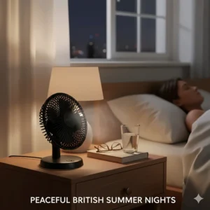 A small, quiet USB fan on a bedside table, showing its suitability for staying cool during warm British summer nights.