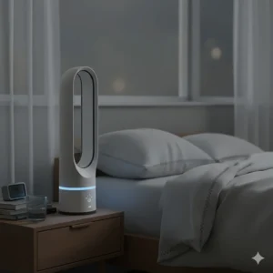 A white bladeless fan on a wooden bedside table in a dimly lit bedroom, ideal for a quiet night's sleep.
