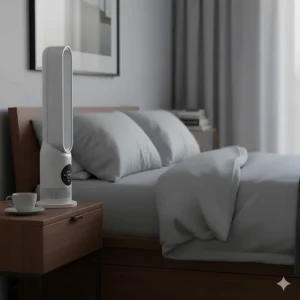 A sleek white bladeless fan on a bedside table, ideal for quiet cooling during warm British summer nights.
