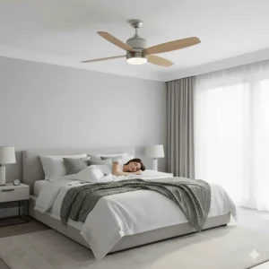 A quiet, timber-blade ceiling fan for low ceilings installed above a bed in a master bedroom.