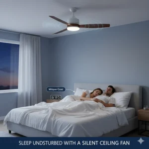 Illustration of a silent-running ceiling fan ideal for a British bedroom during a summer heatwave.