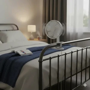 A silent-running clip-on fan fixed to a metal bed frame in a bedroom, ideal for keeping cool at night.