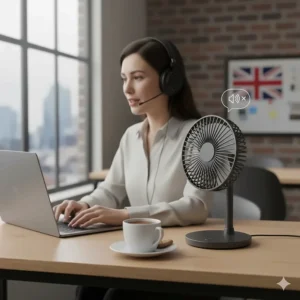 A silent-running desk fan for office environments to prevent distractions during meetings.