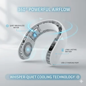 A technical product diagram of a rechargeable neck fan highlighting the 360-degree airflow, quiet brushless motor, and USB-C port.