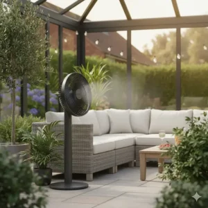 A sleek, quiet outdoor pedestal fan used in a modern UK conservatory to improve ventilation on a warm evening.
