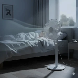 A silent-running pedestal fan positioned in a modern bedroom to provide a cool breeze without disturbing sleep.