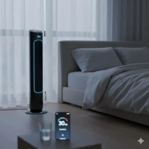 A tower fan positioned in a quiet bedroom, illustrating low-decibel operation for night-time use.