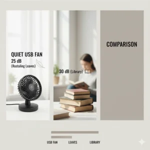 A photorealistic close-up of a silent USB fan on a desk, illustrating near-silent operation ideal for a quiet study or library environment.