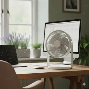Small battery powered desk fan cooling a home office setup with a monitor and keyboard.