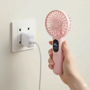 A rechargeable handheld fan connected to a standard UK three-pin mains power socket for charging.