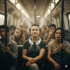 A commuter using a portable rechargeable neck fan to stay cool on a busy London Underground train carriage.