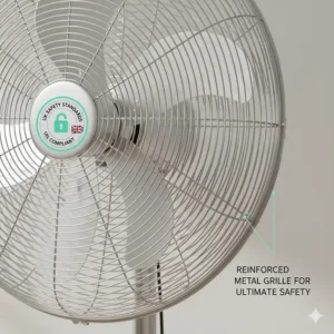Close-up illustration of a reinforced metal safety grille on a high velocity fan, compliant with UK safety standards.