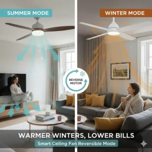 Diagram illustrating the reversible motor function of a smart fan to circulate warm air during British winters.