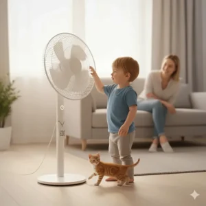 A sturdy pedestal fan featuring a high-density safety grill, ideal for UK homes with young children and pets.