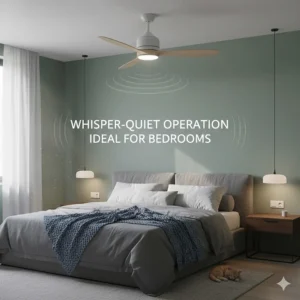A whisper-quiet DC motor ceiling fan installed in a modern British bedroom with soft green walls and minimalist furniture, ideal for a peaceful night's sleep.