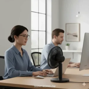 A compact USB desk fan positioned next to a laptop, perfect for providing a cool breeze in a shared British professional workspace without disturbing others.
