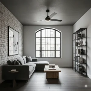 A minimalist black slimline ceiling fan in a modern London-style apartment with an industrial aesthetic.