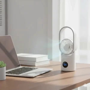 A compact, portable bladeless fan sitting next to a laptop on a home office desk, priced under £100.