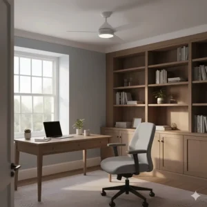 A compact, 3-blade ceiling fan for low ceilings, ideal for a small home office or study.