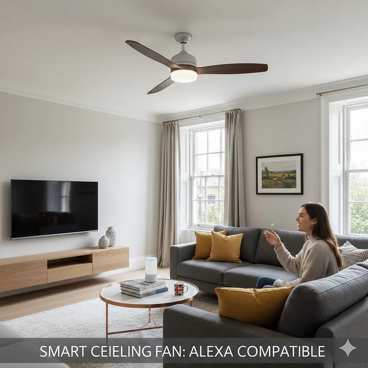 A modern smart ceiling fan Alexa compatible installed in a contemporary British lounge with voice control integration. smart ceiling fan alexa compatible