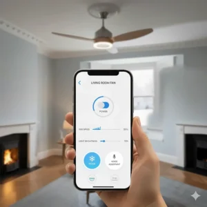 A smartphone app controlling a smart ceiling fan with light, showing compatibility with UK voice assistants and home automation.