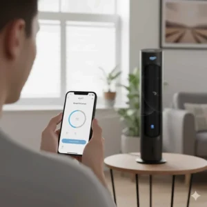 A person using a smartphone app to adjust the speed of an Alexa compatible smart tower fan.