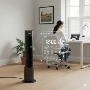 Graphic showing the 12-hour programmable timer settings available on the Alexa-compatible fan interface.