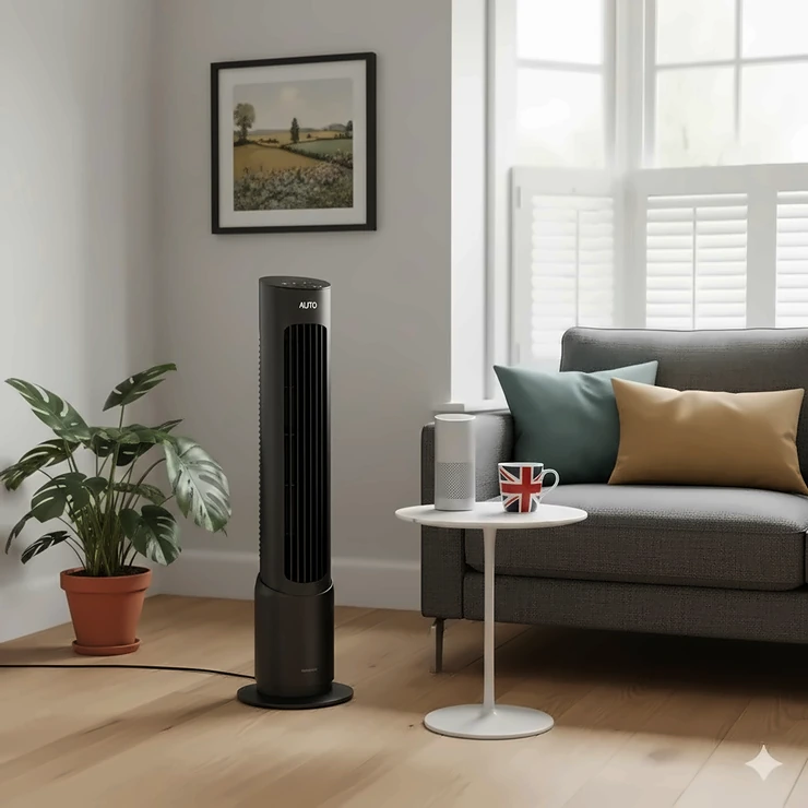 A sleek black smart tower fan that is Alexa compatible, standing in a modern UK lounge next to a grey sofa. smart tower fan alexa compatible uk