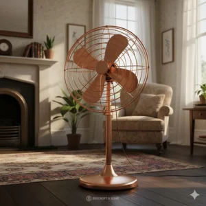 An elegant copper-finish pedestal fan serving as a functional and decorative feature in a classic British interior.