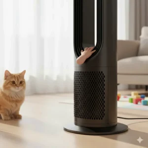 Close-up of a tower fan showing the fine protective grille, highlighting safety for British households with pets.