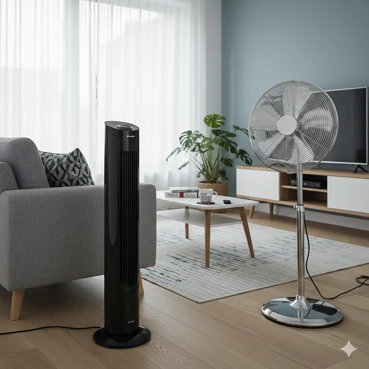 A side-by-side comparison of a modern black tower fan and a height-adjustable chrome pedestal fan in a contemporary UK living room setting. tower fan vs pedestal fan