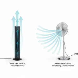 Diagram showing vertical airflow from a tower fan versus the wide circular air distribution of a pedestal fan.