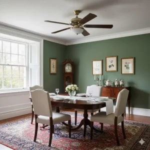 A traditional brass-effect ceiling fan designed for low ceilings in a classic British dining room.