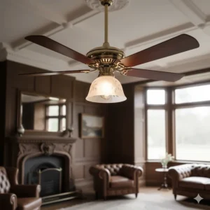 Traditional dark timber ceiling fan with an ornate glass light fixture, ideal for period British homes and Victorian properties.