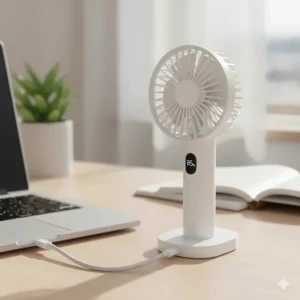 A close-up of a white handheld fan being recharged via a USB cable connected to a laptop on a wooden desk.