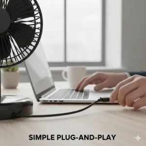 Detailed shot of a desktop fan's USB cable plugged into a laptop, highlighting the easy plug-and-play setup for UK workers.