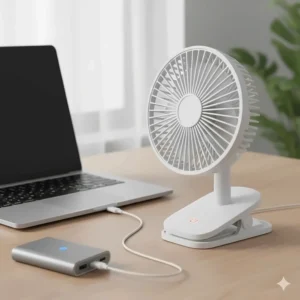 A USB-powered clip-on fan connected to a laptop port, showing the charging cable and power button.