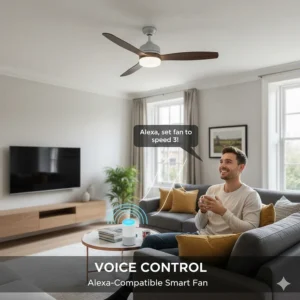 An illustration of a man in a UK home giving a voice command to Alexa to adjust the smart fan speed.